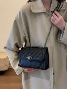 New Fashionable Elegant Versatile One Shoulder Small Square Bag, Stylish Chain Crossbody Bag - Black - View 4