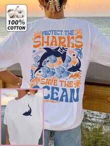 100% Cotton Top,Spring And Summer Loose Casual Women's Round Neck T-Shirt, Save The Ocean Sharks - Sea Creatures, Sharks, Respect For The Natives Pattern, Breathable And Durable, Suitable For Daily Casual Wear, Travel Party Wear, Suitable For Gifts - 白色 - 查看 2