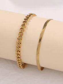 Tkool 2pcs/Set Fashionable Stainless Steel Gold-Tone Cuban Link & Snake Chain Anklets, Suitable For Daily Wear & Beach - Yellow Gold - View 4