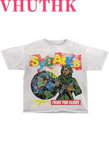 VHUTHK Double Sided Printing (220 Pieces Of Pure Cotton T-Shirts) 'FIGHT FOR GLORY' Letter And Portrait Printing Casual Pure Cotton Printing Men's Summer Round Neck Short Sleeved Lining - trắng - Xem 2