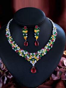 1 conjunto de colar e brincos femininos super luxuosos, multicoloridos e brilhantes, com zircônia cúbica, para festival e festa, conjunto de joias para mulheres, decoração de casamento