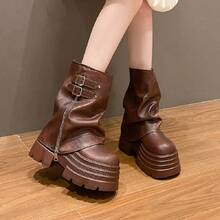 manjingfu Botas de plataforma punki de 10cm para mujer. Botas de tubo corto 2025 Nuevas, con suela gruesa y estilo británico - Marrón - Ver 8