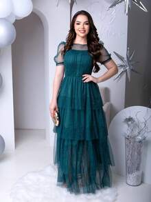 Women's Long Tulle Dress With Shiny Layers And Puff Sleeves Sophistication And Romance In Every Detail - Verde - Ver 4