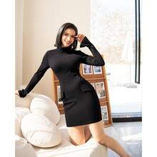 Women's Long Sleeve Mock Turtle Neck Bodycon Mini Tank Short Party Dress - Beige - View 5