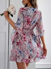 PoPoHouse 女士夏季连衣裙，透气舒适轻盈，印花荷叶边喇叭袖，腰部设计，适合日常通勤和度假穿着，优雅时尚。春夏连衣裙，情人节连衣裙，海滩度假连衣裙。