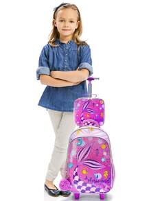 BLING BABIES 3pcs/Set Rolling Backpack, Cute Mermaid Sequin Design, Suitable For Elementary Students, With Lunch Box And Pencil Case - Pink - View 2