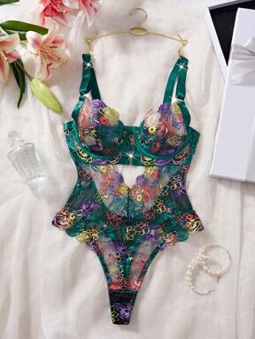 1 Stück Damen sexy Blumen bestickter Mesh Jumpsuit, Rave