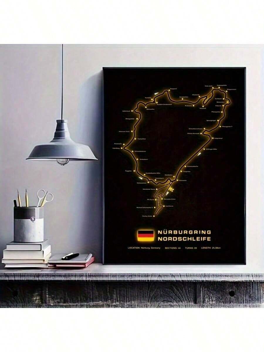 可选框架纽博格林赛道地图海报 - 经典简约抽象赛车场艺术帆布墙饰，适用于家庭办公室、客厅、卧室、宿舍 - 室内外使用，纵向方向，德国主题地图艺术印刷品 - 彩色 - 查看 1