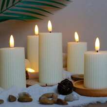 3 Juego de velas electrónicas modernas sin llama con patrón vertical de engranajes de plástico beige, velas sin llama para fiestas, decoración del hogar, ornamento de luz de vela