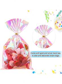 100 piezas - Bolsas de celofán fluorescentes para aperitivos, bolsas de regalo de plástico holográfico, cordones de plomo, adecuadas para regalos de fiesta, dulces, galletas, aperitivos, regalos pequeños, bolsas de papel para vidrio, bolsas de regalo de plástico, galletas transparentes, bolsas para aperitivos, lazos con nudos para bolsas de regalo de fiesta