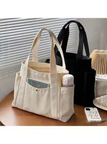 1 pièce/2 pièces Grand sac fourre-tout en canevas, sac à bandoulière avec plusieurs poches, sac de course réutilisable, facile à transporter avec une poignée confortable, pour un usage quotidien et comme cadeau. Sac à main portable pour l'école, le travail et les courses
