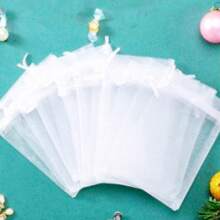 50pcs White Organza Candy Bags, Wedding Party Supplies, Favor Bags For Holiday Celebrations, Home Decor