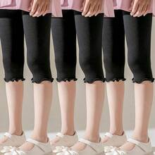 3 条女童/儿童/幼儿荷叶边下摆七分紧身裤，纯白色/灰色/黑色/粉色，轻盈的 3/4 长裤，休闲可爱时尚，适合日常穿着，柔软舒适，可搭配衬衫/连衣裙，适合学生