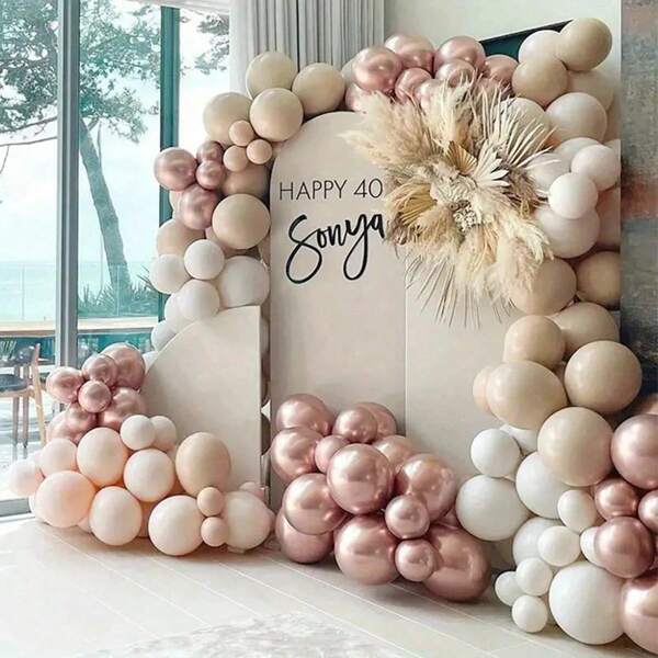 137 stuks zandwitte huidskleur wit metallic roségouden combinatie ballonboog slingerset voor verjaardagen, bruiloften, afstuderen, feestjes, bijeenkomsten, decoratie, jubileum, fotografie, decoratiebenodigdheden