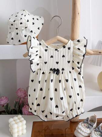 2 st/set Nyfödda Babyflickor Söt Modern Hjärttryck Ärmlös Body Och Mössa Set, Sommar