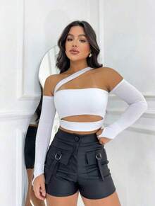 Cropped Top With Cutout Long Sleeves And Low-Cut Off-The-Shoulder Feminine Fashion Blogger - 白色 - 查看 1