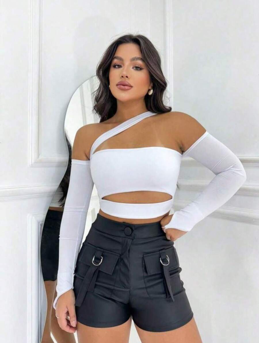 Cropped Top With Cutout Long Sleeves And Low-Cut Off-The-Shoulder Feminine Fashion Blogger - 白色 - 查看 1
