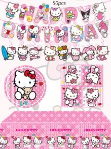 Sanrio 50pcs Sanrio Hello Kitty Party Supplies,Included Birthday Banner,Hanging Vortex,Plates,Napkins,Tablecloth,Includes 1 Pc Birthday Banner,8 PCS Hanging Vortexs, 20 PCS Paper Plates ,20 PCS Napkins ,1 Tablecloth For Hello Kitty Birthday Party Decorations,For Hello Kitty Party Decorations,Hello Kitty Birthday Party Decorations,Hello Kitty Party Decorations