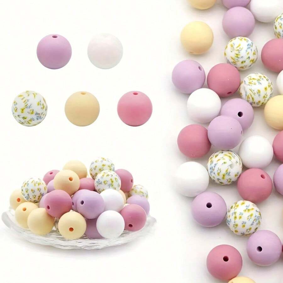 Cuentas sólidas y estampadas de silicona de 12 mm/15 mm, cuentas sueltas, cuentas focales para hacer joyas DIY, bolígrafo con cuentas de plástico, llavero, adorno de coche, accesorio de bolso y teléfono móvil, pulsera, suministros de joyería