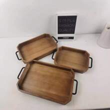 Tavă de servire izolată cu mâner metalic pentru restaurante, cafenele și ceainării cu oală caldă, platou de servire din lemn
