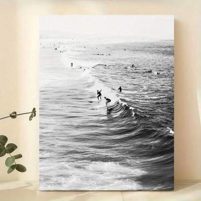 1pc Black & White Ocean Beach California Surfing Wall Art Poster Living Room Bar Cafe Bedroom Office Home Decorative Canvas Painting Optional Frame ,Wall Art With Frame