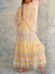 Women Long Sleeve Boho Maxi Dress Floral Printing V-Neck Tie Up Backless Casual Long Dress Flowy Sundress Beachwear - 黃色 - 查看 2