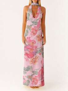 Women Sleeveless V Neck Formal Party Evening Cocktail Long Dress Halter Neck Open Back Silk Satin Maxi Dresses With Scarf - Màu tím - Xem 3