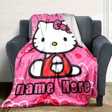 Sanrio Couverture personnalisée Hello chat avec nœud rose et cœurs - Flanelle ultra douce de 280 g/m², cadeau personnalisé pour les amis, petites amies, couverture douillette toutes saisons, couverture mignonne, design contemporain en flanelle, impression par transfert de chaleur