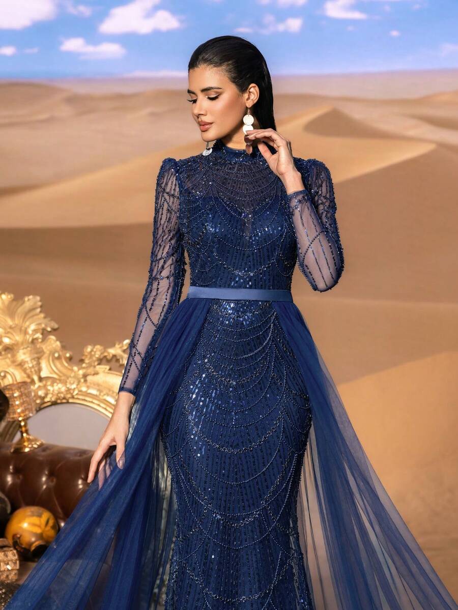 Faeriesty Haute Glamour Elegant Beaded Tulle Overlay Evening Gown With Geometric Patterns – Sheer Mesh Sleeves, Cinched Satin Waist & A-Line Train For Luxury Wedding Banquets, Charity Galas & Fashion Awards - Navy Blue - View 1