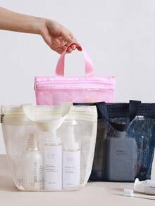 1pc Lightweight Mesh Shower Bag, Travel Cosmetic Bag, Large Capacity Portable Toiletry Bag, Hanging Bathroom Storage Bag, Suitable For Vacation, Summer Holiday, Back To School Season, Can Be Used As School Supplies Bag, Toiletry Bag Or Travel Bag. - Apricot - View 3