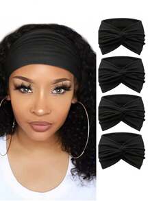 4 pezzi di fasce per capelli nere spesse lisce, stile turbante sportivo annodato, alla moda per donne, fasce per capelli, fascia per la testa, fascia antisudore