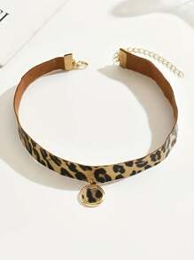1pc Women's Fashion Velvet Choker Necklace, Retro Classic Minimalist Cheetah Print Round Pendant