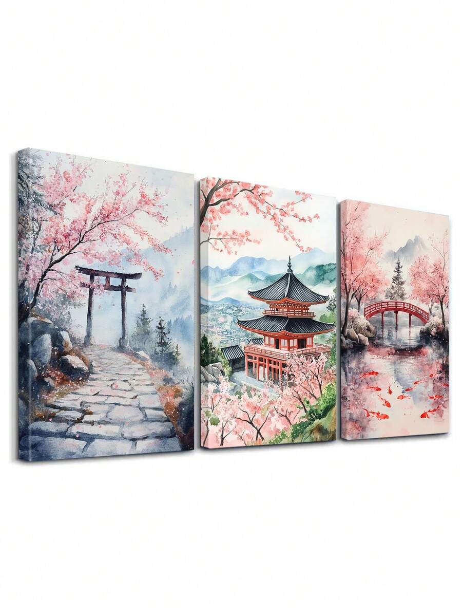 3pcs Ancient Temple Wall Art Decor, Landscape Artwork, Fish Pond Canvas Print Wall Arts, Japanese Architecture Posters, Red Bridge Paintings, Cherry Blossoms Modern Home Decor, Poster, Room Aesthetic, Ideal Gift, Optional Frame - 3Pcs/Set - View 1