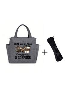 Esta bolsa de almuerzo aislada presenta diseños con estampado de leopardo, corazón y café, con el divertido texto "Algunos días necesito calma, amor y dos tazas de café" impreso en ella. Viene con una bolsa de almacenamiento de cubiertos negra, es reutilizable y tiene un diseño de bolsillo doble. - Multicolor - Ver 19