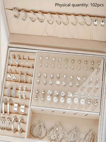 102 Pieces Of Fashionable Women's Earring Jewelry Set-Lovely Simple Style, Zinc Alloy Earrings With Faux Pearl And Artificial Rhinestones, Daily And Party Wear Earrings-(No Box)