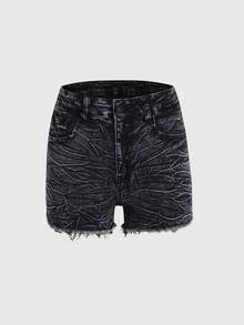 Pantaloni scurți din denim negru, cu aspect uzat, design texturat unic, potriviți pentru ieșiri în oraș, vacanță sau pentru acasă - Negru - Vizualizare 3