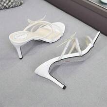 Women's Rhinestones Strappy Open Toe Stiletto Heeled Sandals Slip On Mules Prom Party Wedding Pumps Shoes - White - View 6