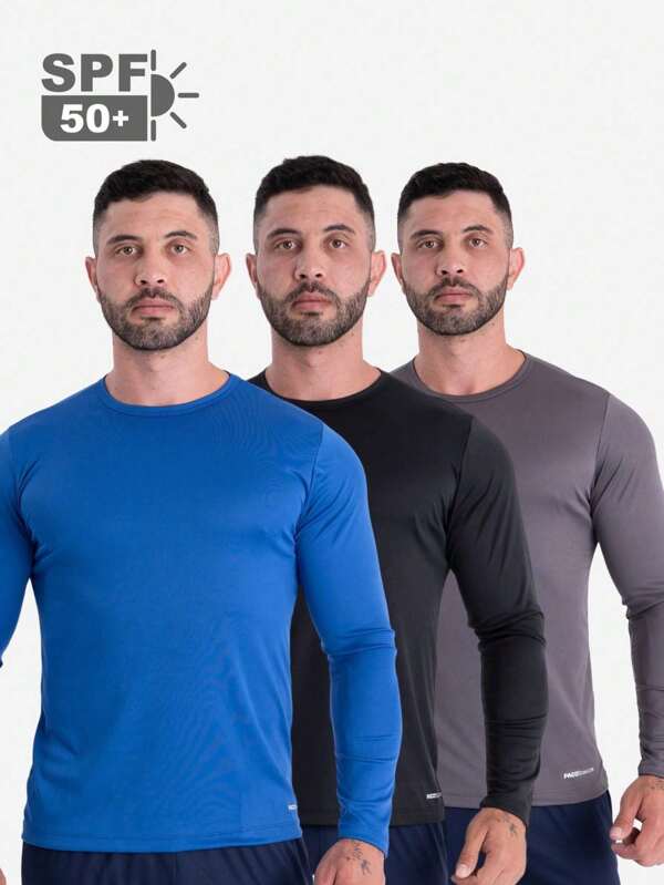 KIT 3 Camiseta Térmica Pretas Proteção UV 50+ Blusa Masculina Manga Longa Segunda Pele Pra Atividade Física
