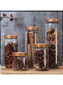 1pc Glass Storage Jar With Wooden Lid, Airtight Transparent Borosilicate Glass Jar, Food Storage Container For Coffee Beans, Loose Tea, Nuts, Spices, Kitchen Accessory, 450ml/16oz, 750ml/26oz, 1000ml/34oz, 1500ml/51oz