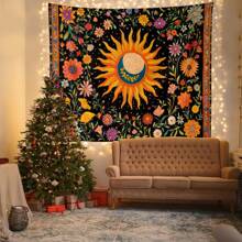 1 pezzo Arazzo in poliestere colorato con sole e fiori, opera d'arte da parete decorativa di stile bohémien, ideale per decorare il soggiorno, la camera da letto, lo studio di yoga e lo spazio di meditazione, un'idea regalo unica per gli amanti della natura