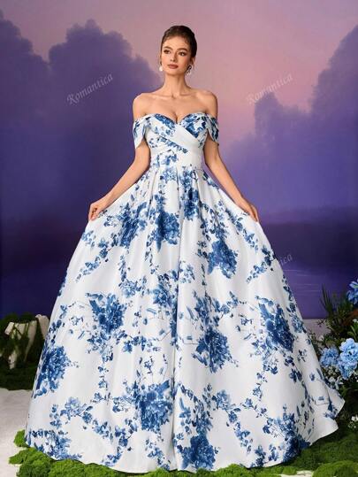 Abito vintage donna Romantica con stampa floreale blu e bianca, abito midi con fiori blu