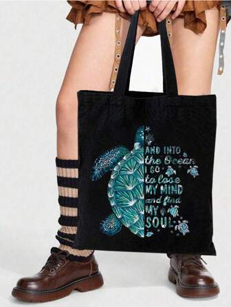 Sea ​​Turtle Letter Print Pattern Lightweight Foldable Shopping Bag, Fashionable And Casual Large-Capacity Handbag, Shoulder Bag, Suitable For College Students To Store Back-To-School Supplies, Books, And Mobile Phone Accessories. Men's And Women's Travel Cosmetics, Shopping Storage Bags, Gifts For Mothers, Friends And Teachers (Various Pattern Options)