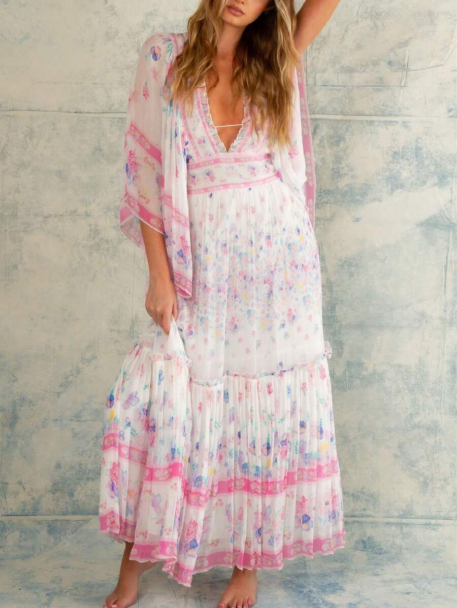 Women Long Sleeve Boho Maxi Dress Floral Printing V-Neck Tie Up Backless Casual Long Dress Flowy Sundress Beachwear - 粉色 - 查看 1