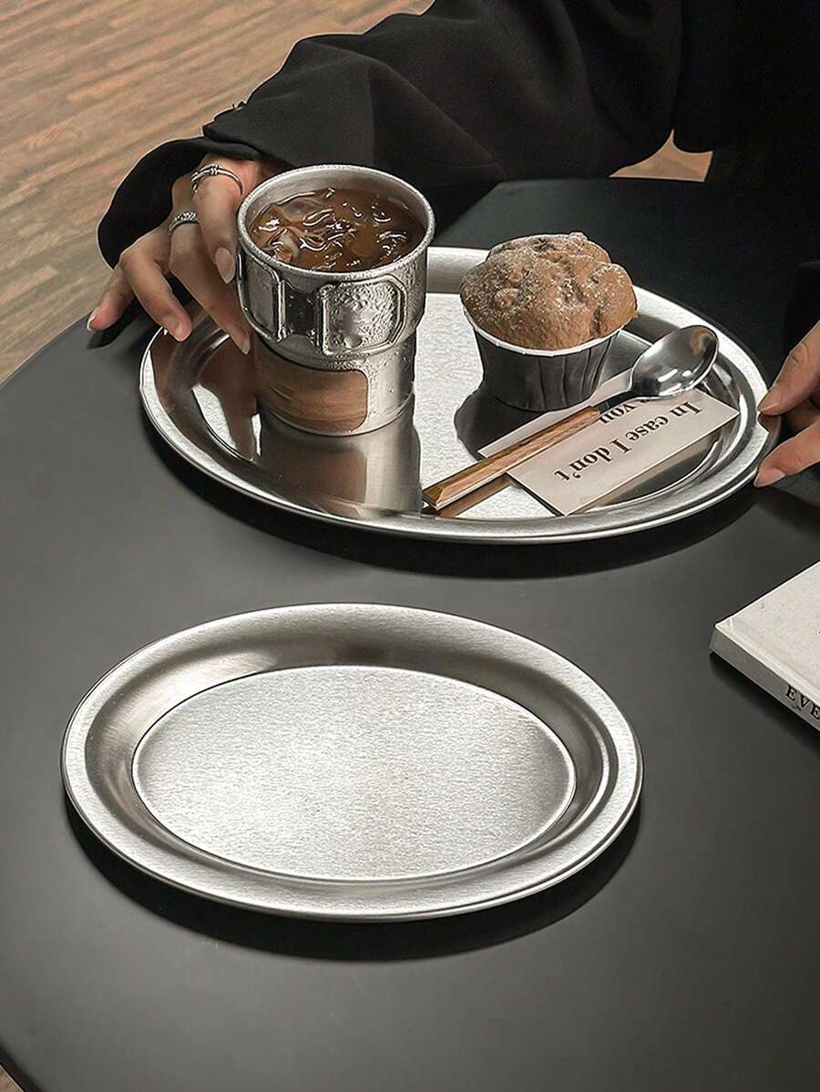 1 件 Ins 风格不锈钢椭圆盘，咖啡厅下午茶托盘，面包、蛋糕或甜点餐盘 - 銀色 - 查看 1
