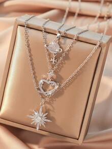 3pcs/Set Fashionable Women Necklace, Star, Planet, Heart Pendant Design, 18K Gold Plated Stainless Steel Chain, Suitable For Daily Wear And Party, Best Jewelry Gift - Gold - View 13