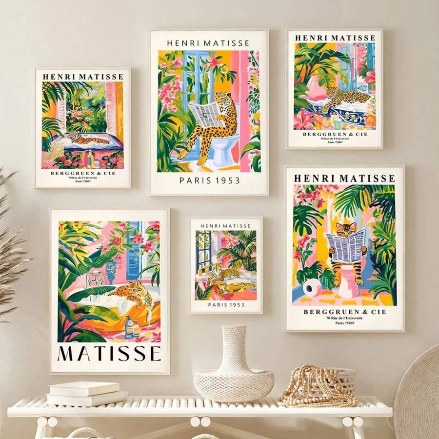 Moldura opcional de 1 peça, estampa moderna para banheiro, leopardo, chita, tigre, lince, arte de parede, maximalismo, Henri Matisse, imagens de animais, rosa, decoração tropical para banheiro - Multicolorido - Ver 1