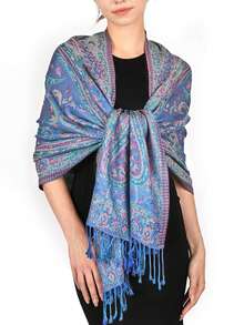 FADZOYLE 1 件女士海滩配饰奢华双层提花大佩斯利羊绒披肩围巾海滩罩衫纱笼羊绒手感狂野柔软丝滑双面围巾流苏日常生活晚礼服旅游办公室婚礼和礼品配饰女士