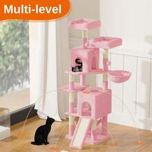 Cat Tree, Cat Climbing Frame, Cat Tower For In Door Cats, 158cm, With 7 Scratching Posts, With 2 Perches, 2 Cat Houses And 2 Hammocks, Pink - Amarillo - Ver 11