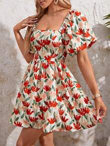 女式印花方领泡泡袖连衣裙 - 彩色 - 查看 3