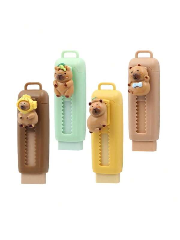 Set de 1/4 borradores retráctiles con diseño de capibara, borrador de dibujo de goma tipo empuja-jala con diseño de dibujos animados, útiles escolares para niños, estudiantes y oficina